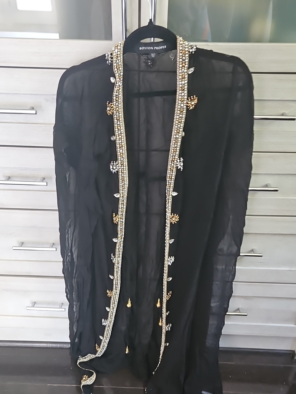 Boston Proper Black Sheer Embellished Open Duster